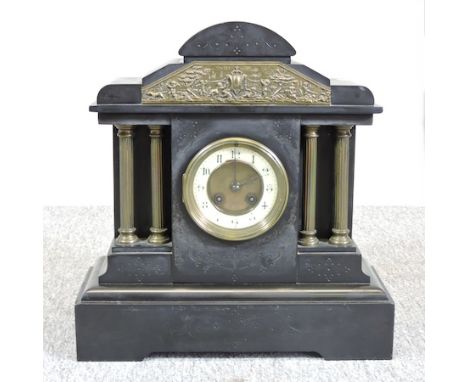 A Victorian black slate mantle clock, 39cm tall