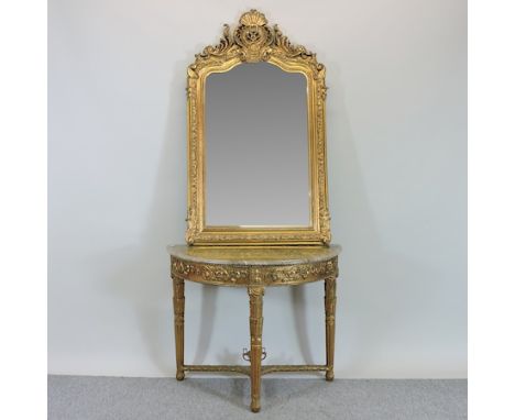 A gilt painted and marble top console table, 99cm, together with a gilt framed wall mirror