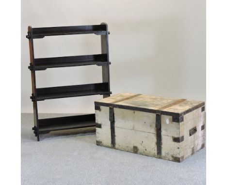 A 20th century oak open reference bookcase, 96cm, together with a metal bound trunk