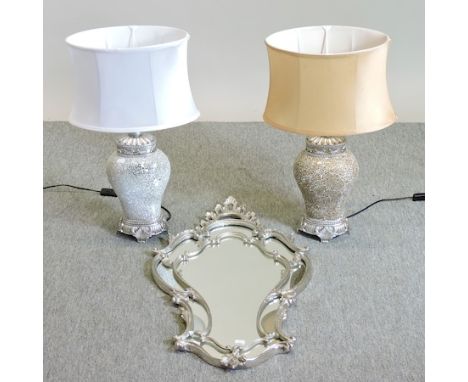 A modern mosaic table lamp, with shade, 62cm tall, together with another similar and a white metal wall mirror