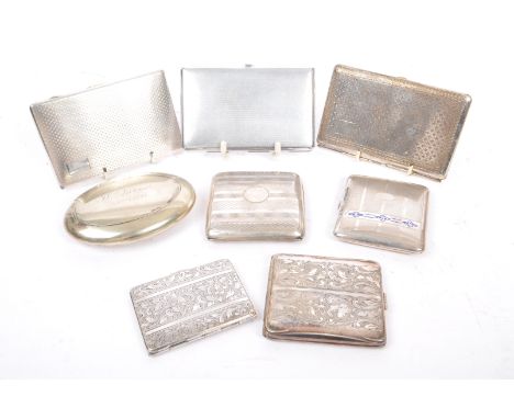 A collection of eight early to mid 20th century silver plate cigarette cases. To include four of square form with scrollwork 