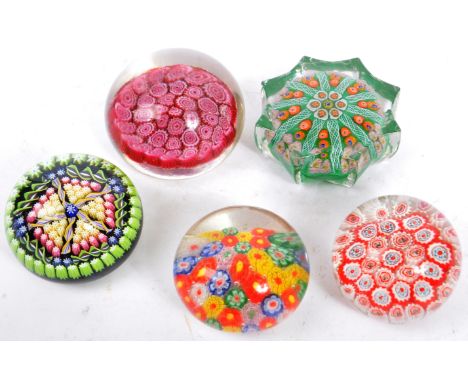 An assortment of five mid century / vintage Murano &amp; Murano style studio art glass paperweights. Comprising of millefiori