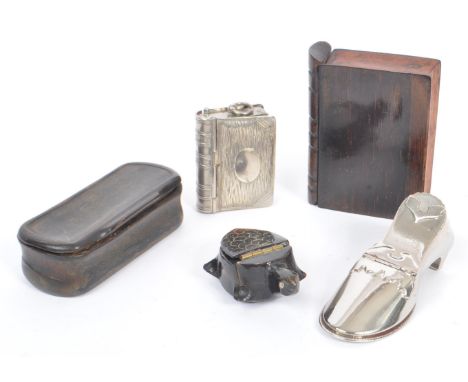 A collection of five early 20th century and later snuff boxes and vesta case. The lot comprising of tortoise shell, horn &amp