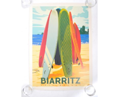 An original contemporary Biarritz Cote Basque poster art print. Reads 'Biarritz Basque Surfboards' by Editions Fricker - Gaze