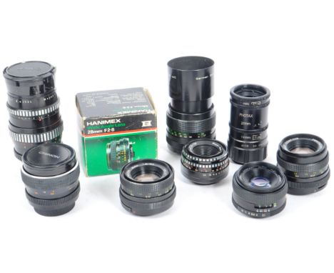 A collection of 20th century M42 mount 35mm lenses for use with Praktica, Pentax, and Fujica. The collection to include a Chi