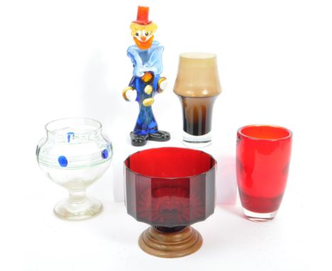 A collection of five vintage 20th century studio art glass. To include a Circa 1900. Art Nouveau Poschinger pedestal vase by 