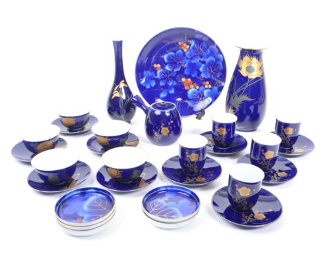 Contemporary Japanese fukagawa arta ware porcelain tea service set. Comprising of cups, saucers, small dishes, vase, stem vas