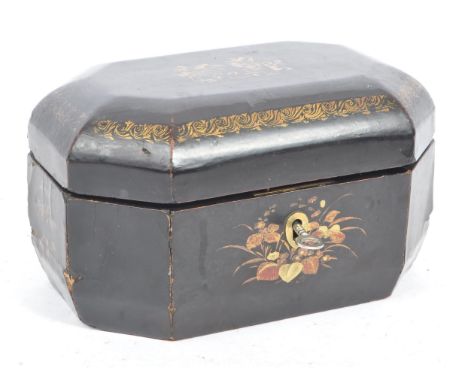 A Chinese Oriental 19th century lacquered &amp; hand painted tea caddy box. The caddy octagonal chamfered form with central g