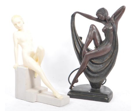 A contemporary Art Nouveau style table desk lamp light. Depicting a semi nude woman with draped cloth. Signed crosa to steppe