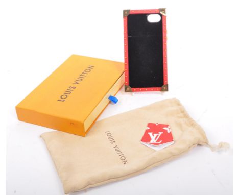 A red / gold Louis Vuitton X Supreme iPhone case in original box and dust jacket.&nbsp; From the 2017 Louis Vuitton collectio