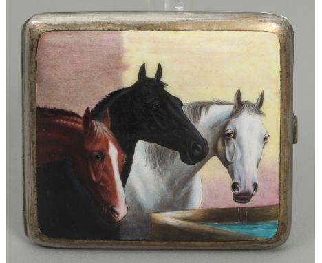 An early 20th century German silver plate and enamel cigarette case - stamped 'Alpacca', of cushioned rectangular form, the c