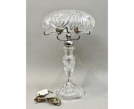 A cut glass mushroom shaped table lamp - mid-20th century, with chrome, twin-bulb fitting, 47.5cm high overall.* Shade has ap