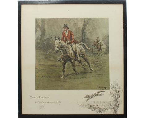 An Edwardian Snaffles hunting print 'Merry England' and Worth a Guinea a Minute', in original frame, signed by artist in penc