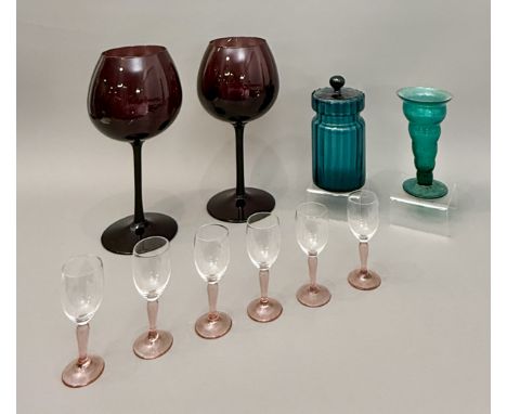 A small group of vintage coloured glass, 1960s-70s - comprising a pair of large amethyst glass pedestal bowls, 31.25cm high; 