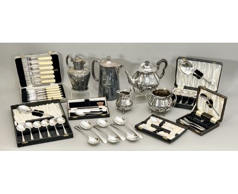 A collection of silver plated ware - including a three piece Art Nouveau style planished tea service; a coffee pot with prese