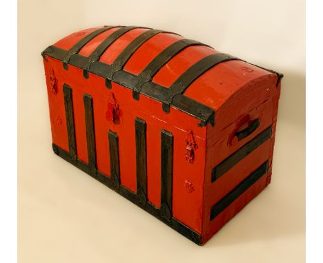 A red-painted Victorian domed trunk - (LWH 89 x 48 x 59cm), the paint later.