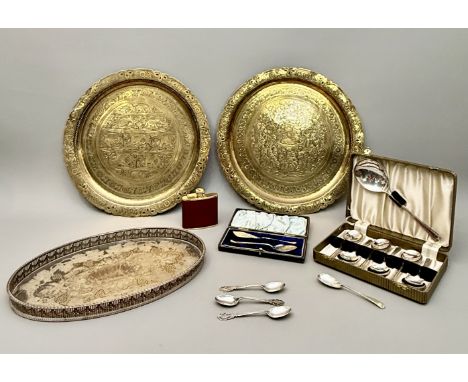 A small group of brassware, silver and silver plate - comprising three Sheffield HM silver tea spoons (50g); a pair of Indian