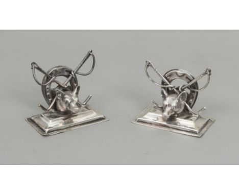 A pair of late-Victorian silver hunting interest novelty place card holders - Mappin &amp; Webb, London 1899, the rectangular