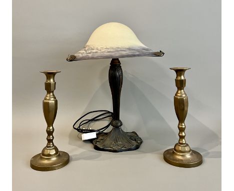 An Art Nouveau style bronzed metal and glass table lamp - in the style of Daum, late 20th century, the mushroom shaped opaque