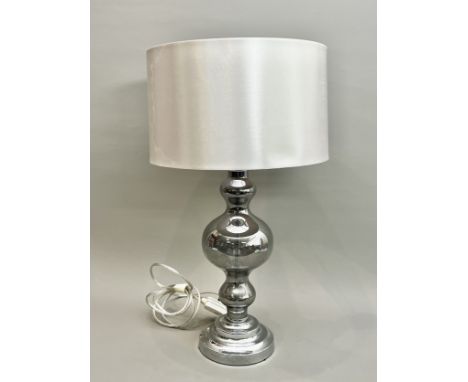 A modern smoked glass 'Maison' table lamp - with chrome base and silver fabric shade (water marked), 55cm high overall.