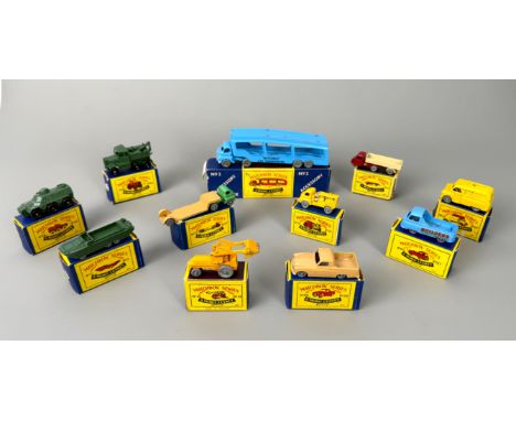 Ten boxed Matchbox Lesney 1-75 Series commercial and military vehicles - comprising a MB10a Scammell Mechanical Horse (VG, bo
