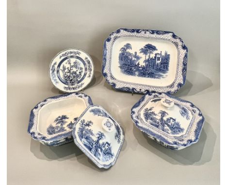 A collection of blue and white transfer ware pottery - including a pair of Adams 'Landscape' pattern covered vegetable dishes