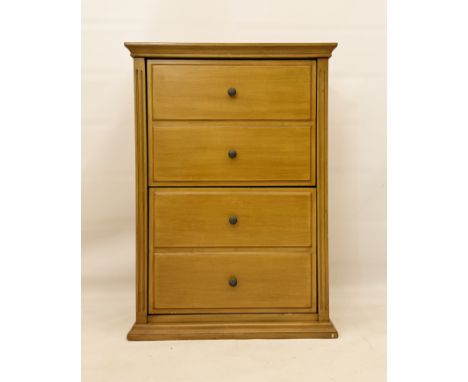 A modern light wood veneered two drawer shoe cupboard - with two double-front drawers, hinged to open downwards with shoe rac