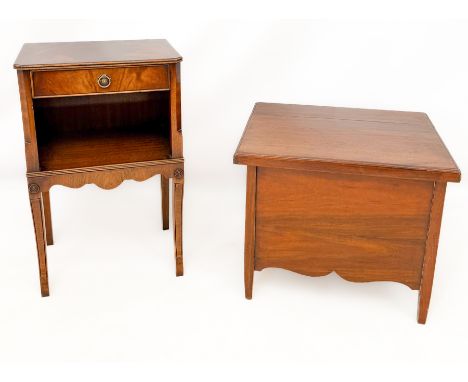 A mahogany box Canterbury and a reproduction mahogany bedside cabinet - the Canterbury with hinged lid enclosing three divide