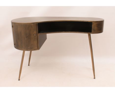 A mid-century Italian-style gilt-metal desk or dressing table - kidney shaped, with single cupboard to the left and open shel