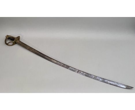 An antique US Civil War style sword - the 90.5cm single edged, fullered blade rusted (marks indistinct), with brass basket hi