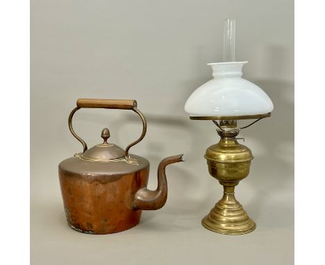 A large Victorian copper kettle with acorn finial - 30.5cm high; together with a brass oil lamp with milk glass shade.