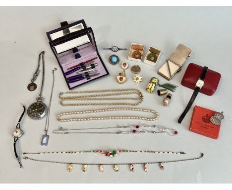 A small collection of silver and costume jewellery and ladies accessories - including a boxed silver WW2 ARP lapel badge, Lon