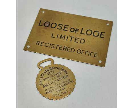 An amusingly worded early 20th century brass and enamel 'Registered Office' sign for "Loose of Looe Limited" - retailers of e