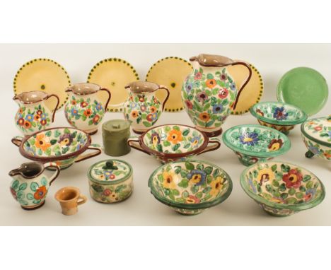 Twenty pieces of mostly mid-20th century glazed Cerart Monaco pottery to include: 1. a tripod tureen, the lid with carp finia