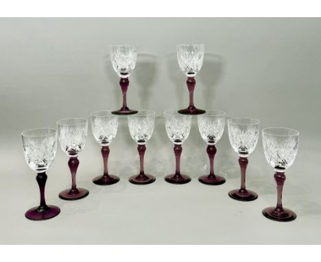 A set of ten Thomas Webb &amp; Sons amethyst and clear cut glass wine glasses - etched factory marks, the cross, blaze and st