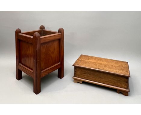 An early 20th century walnut square panelled jardiniere - 24 x 24cm, 36cm high; together with an oak box step with single dra