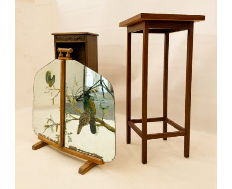 Three items, comprising - 1. a mirrored oak fire screen with painted bird decoration, 1930s-40s, 73cm wide, 68cm high 2. a sm