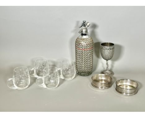 A small collection of vintage drinks cabinet items - comprising a chrome and glass soda syphon with wire lattice wrap, 34cm h