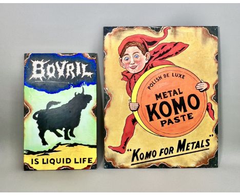 Two hand painted replicas of vintage enamel signs - the first 'Bovril Is Liquid Life', 58.3 x 36.2cm; the second 'Polish De L