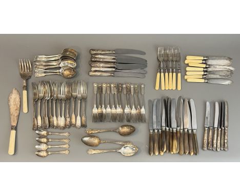 A part suite of Mappin &amp; Webb silver plated fiddle thread and shell pattern flatware - early 20th century, comprising 12 