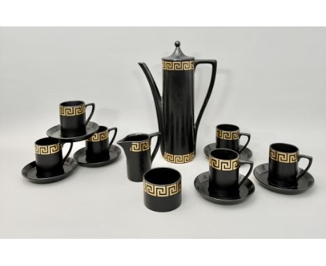 Susan Williams-Ellis for Portmeirion - a black and gilt 'Greek Key' six person coffee service - comprising a coffee pot and c