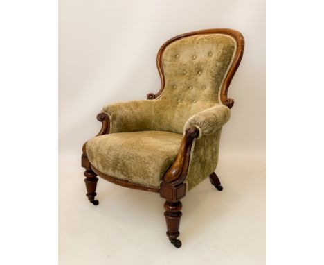A Victorian showframe button-back walnut armchair - upholstered in brushed gold velvet fabric, with scroll carved arms, raise