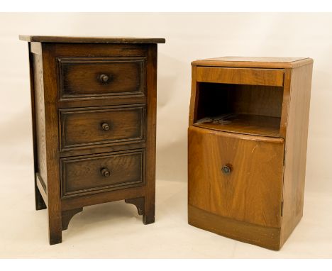 Two bedside cabinets - one in oak with three panelled drawers (LWH 45.5 x 34.5 x 71cm); the other 1940s-50s in walnut veneer,