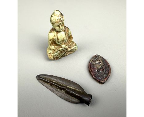 A small bronze spearhead (possibly Celtic), a small bronze oval seal of&nbsp;some age and a small seated soapstone Buddha.