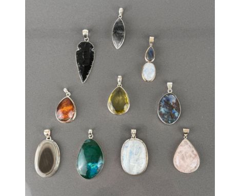 Ten mixed gemstone and sterling silver pendants - including examples with Boulder Opal; Rainbow Moonstone; Labradorite and Ra