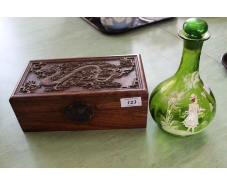 A carved Chinese box plus a green Mary Gregory style decanter (as found)