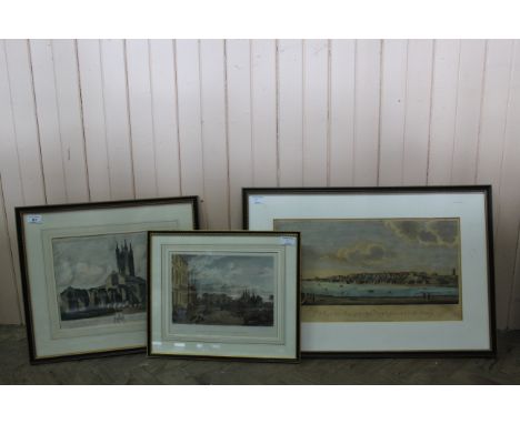 Three framed coloured engravings, Lowestoft from the N E Battery, Worcester College Oxford and Bungay Church