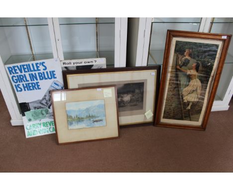 A vintage 'Reveille' 'Girl in Blue' advertising board, a vintage Golden Virginia advertising board, a Pears print 'Curiosity'