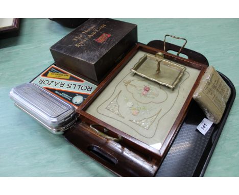 A tray with vintage 'Boots' first aid box with contents, three Rolls razors, two small wood trays, one with butterfly wing de