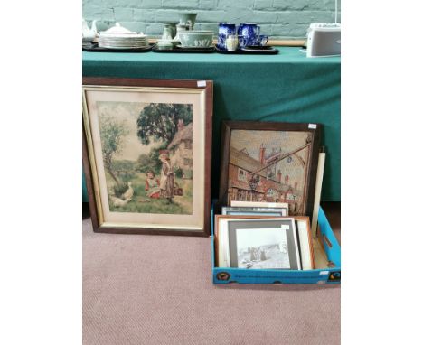 A selection of pictures including a tapestry of a street, two framed photographs of beach scenes, possibly Gorleston plus eig
